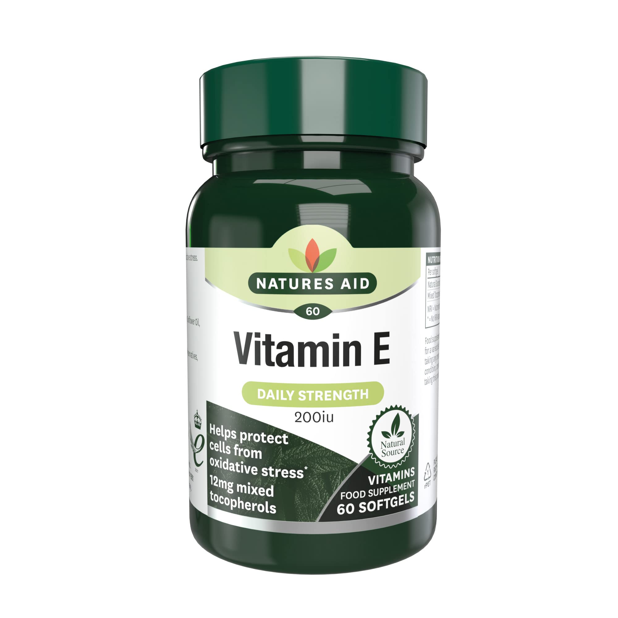 Natures Aid Vitamin E 200iu Softgels - Natural Antioxidant - Supports Skin, Immune & Heart Health - Protects Cells from Oxidative Stress - Non-GMO, Gluten-Free - High Potency - 60 Softgel Capsules