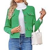 HUEOBIR Women's Tweed Blazers Jackets Casual Long Sleeve Button Down Business Short Casual Cropped Coats