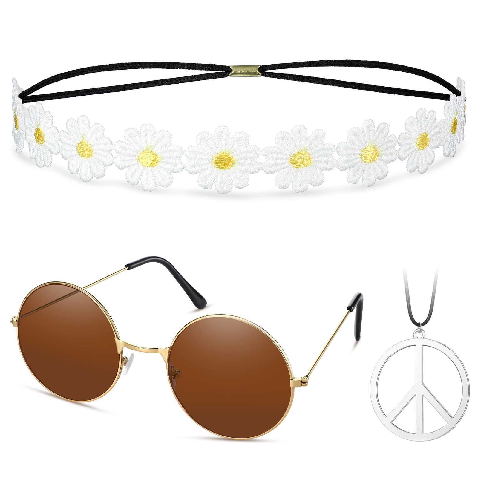 Fiada Hippie Costume Set 60's Style Circle Glasses Peace Sign Necklace Daisy Sunflower Headbands for Women Men Dressing Accessory Hippie Party Supplies (Dark Brown, Yellow)
