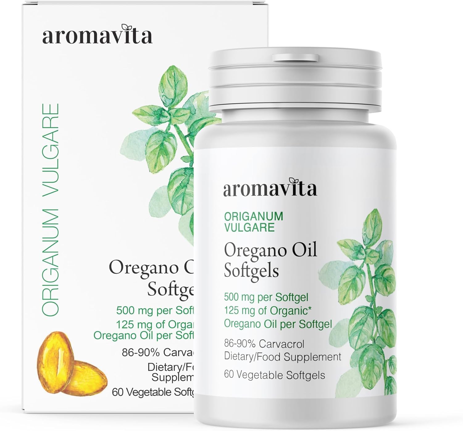 Aromavita Organic Oregano Oil Capsules – Extra Strength with 86-90% Carvacrol – Immune & Digestive Support – Natural Antioxidant, Vegan Herbal Supplement – Greek – Fast Absorption – 60 Capsules