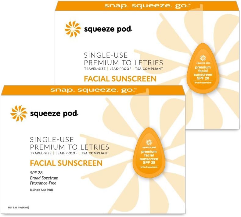 Squeeze Pod Travel Facial Sunscreen - 16 Single Use Pods – Fragrance Free, TSA Approved Travel Size Sunblock Made with Premium Natural Ingredients - Best for Air Travel, Camping, Hiking & Golf Bag SS7
