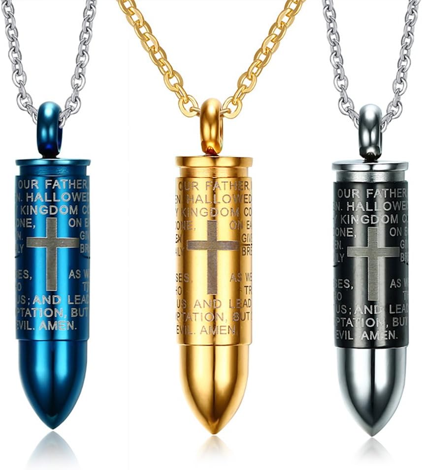 VNOX Men's Stainless Steel English Lord Prayer Cross Engraved Cremation Urn Bullet Pendant Necklace for Baptism Gift