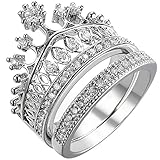 XAHH Women 18K White Gold Plated Wedding Engagement Ring Set for Bridal Princess Crown Tiara CZ Crystal Best Anniversary Promise Band Size 9