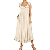 R.Vivimos Summer Dress for Women Sleeveless Boho Ruffle Square Neck Tie Back Casual Backless Flowy Midi Dress