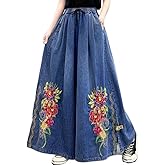 Duberess Womens Loose Cropped Jeans with Embroidery Wide Leg Denim Pants Harem Trousers with Pockets
