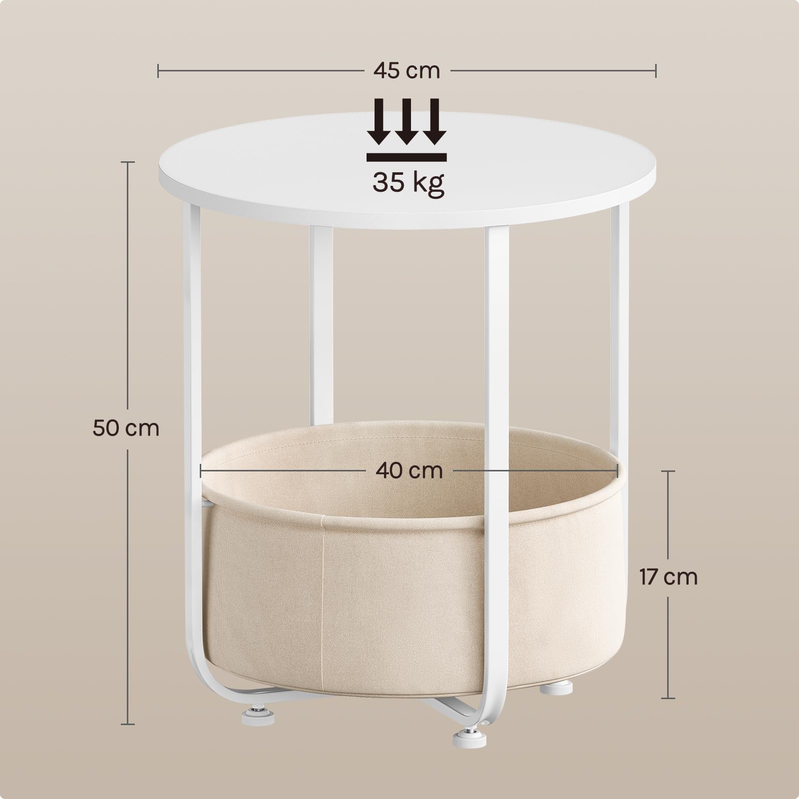 WOLTU Couchtisch rund, Kleiner Beistelltisch, mit abnehmbarem Stoffkorb, Metallrahmen, für Sofa Wohnzimmer Schlafzimmer, Weiß + Beige 4