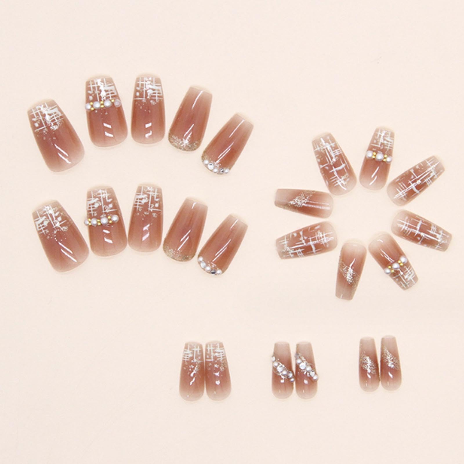 Hkanlre Press on Nails Fake Nails False Nails for Women and Girls 240308 (Nude Lattice) - Image 2