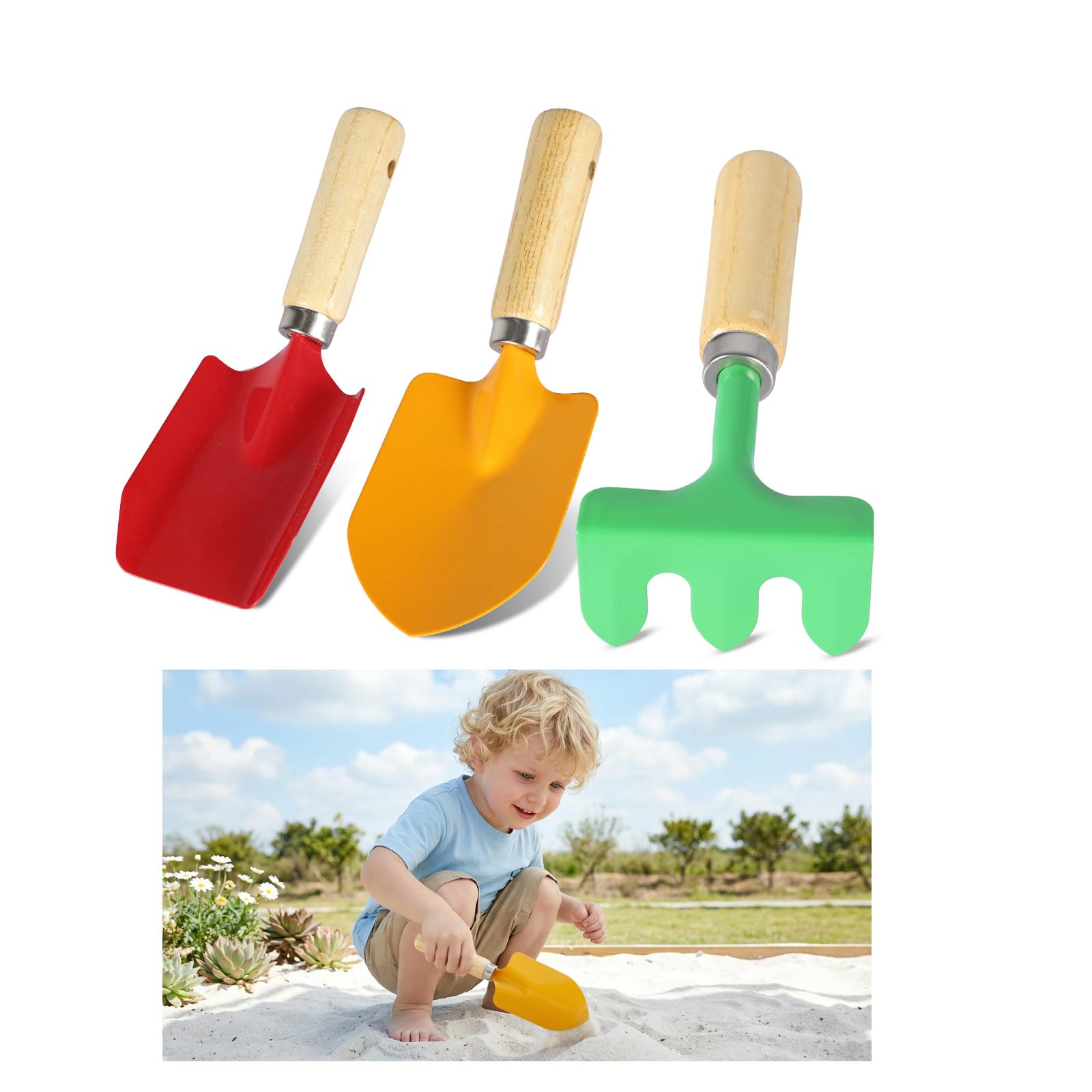 GOOGO 3 Piece Kids Gardening Tool Set, Mini Garden Tools with Sturdy Wooden Handles, Metal Shovel, Rake, and Spade, Sandbox Digging Tools for Children’s Gifts, for Garden Soil Transplanting