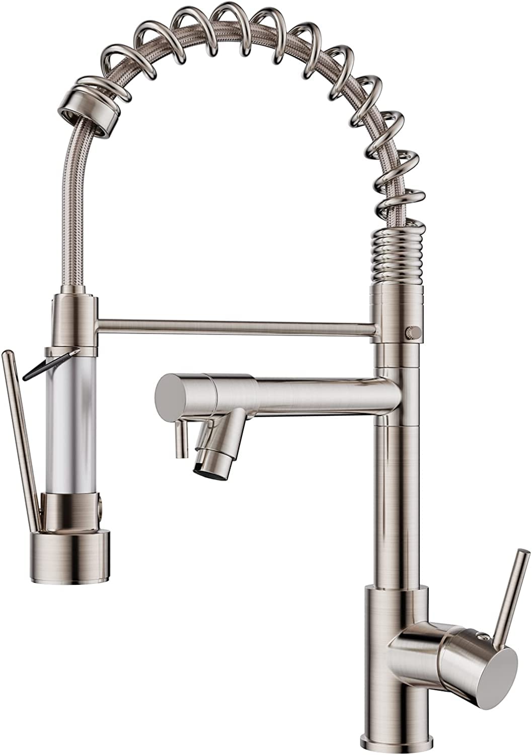 FORIOUS Kitchen Tap, Kitchen Mixer Taps with Two Spouts, Commercial Spring Swivels 360 Single Handle, Stainless Steel