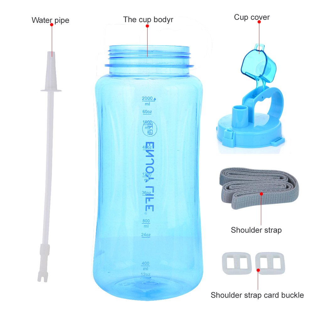 GTI 2L Large Capacity Sports Water Bottle, BPA Free 2 Liter 68 oz Wide Mouth Portable Big Plastic Bottle Leak Proof Space Cup Travel Mugs with Scale Straw Strap