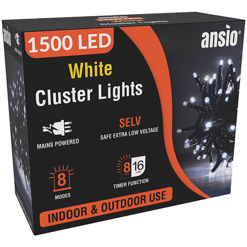 ANSIO® Christmas Lights 1500 LED 18m/59ft Cluster Christmas Tree Lights for Indoor & Outdoor Cool White Decorations Fairy Lights with Timer for Xmas Garden Bedroom & Party | Mains Powered Green Cable…