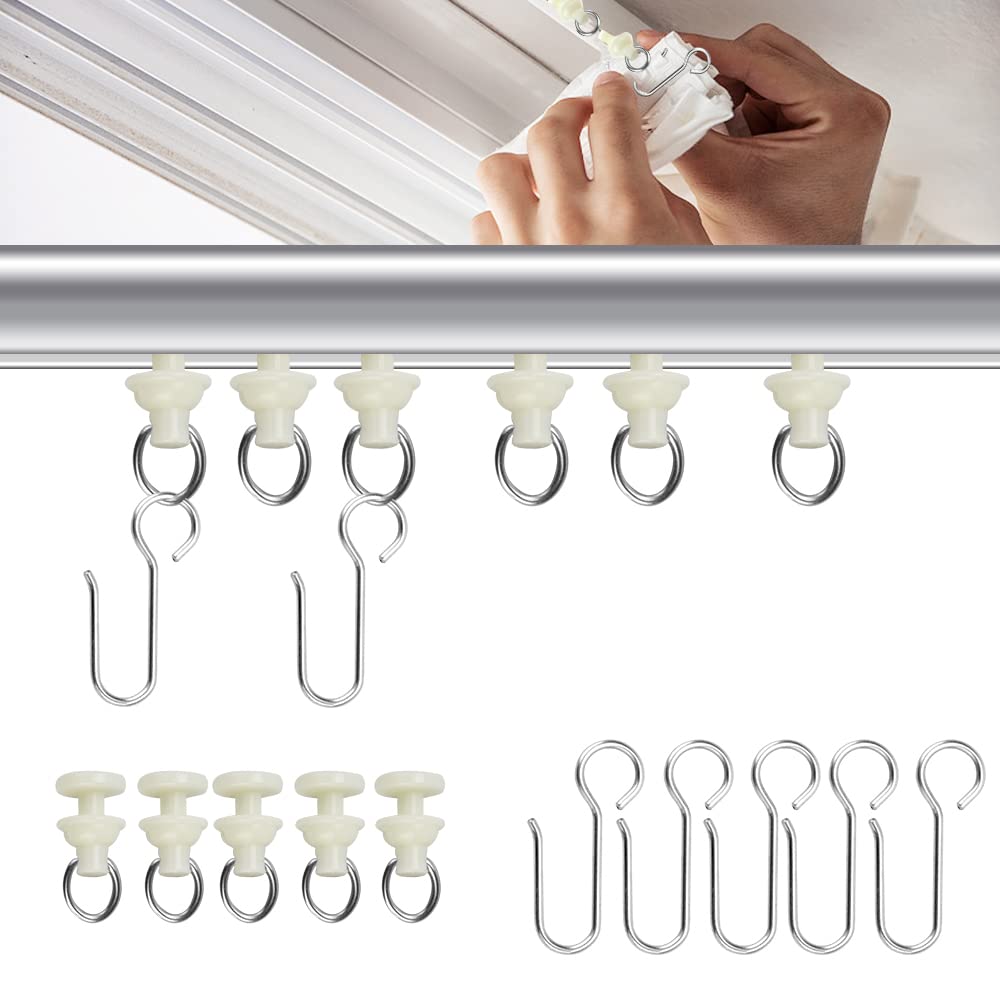 EMAGEREN 35 Pcs Curtain Hooks Curtain Track Glider Hooks Metal Shower Curtains Rings S-Shaped Curtains Hooks Drapery Hook Pins with Bendable Blinds Track Pulley for Ceiling Blinds Drape Tracks