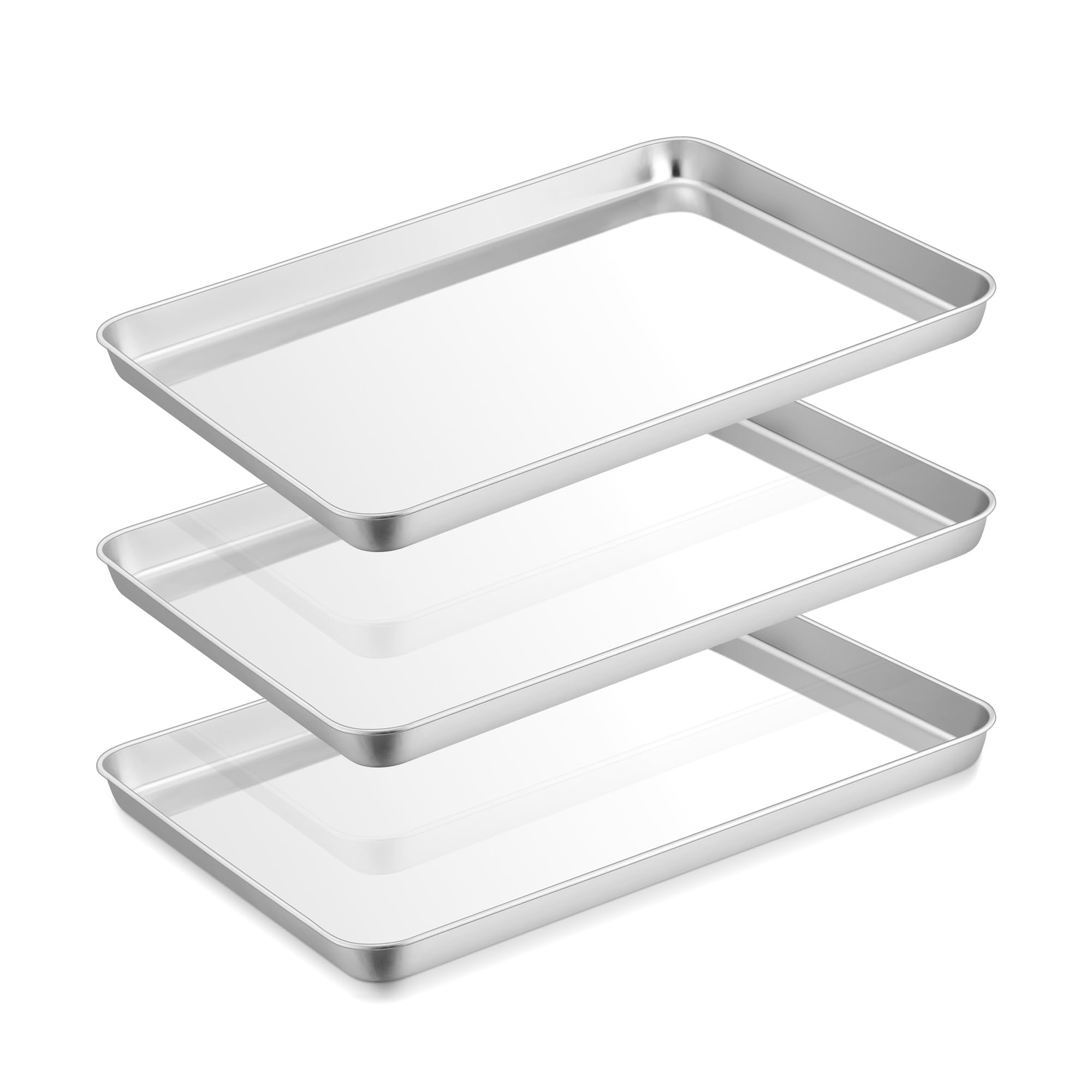 Joyfair Small Oven Tray, Stainless Steel Baking Tray Set of 3, Baking Sheet Set Ideal for Roasting Pizza Cake Bread Cookies, Mirror Finished & Flat Bottom, Freezer & Dishwasher Safe, 23.7x17.8x2.5cm