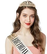 DRESHOW Rhinestone Birthday Tiara Crown & Glitter Sash Queen Girl Set view 2
