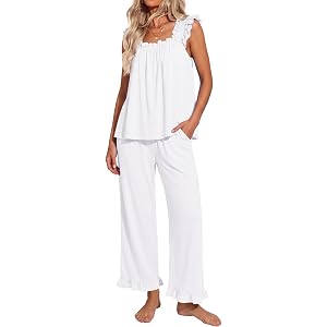 Ekouaer Pajamas for Women Set 2 Piece Ruffle Sleeveless Pj Bridal Sleepwear | Soft Tank Top and Pants Loungewear, Summer Casu