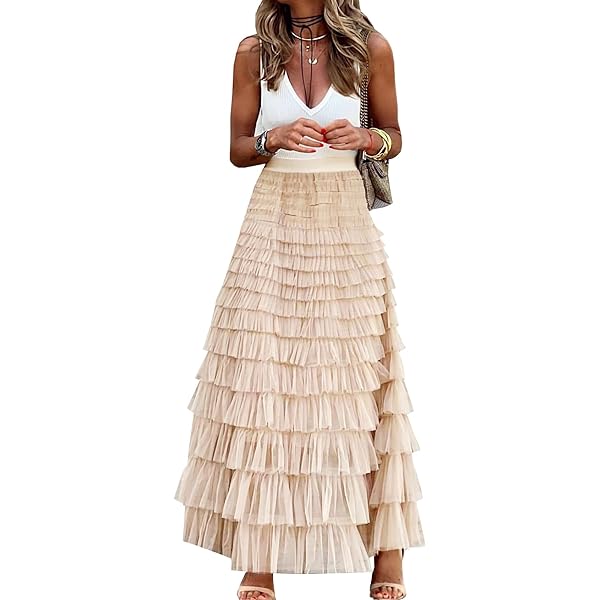 4UFIT Women Layered Tiered Tulle Maxi Skirt Mesh High Waist