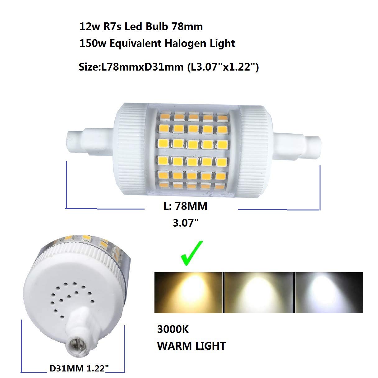 QLEE 12w R7s Led Bulb 78mm 150w Equivalent Halogen Light D31MM 3.1