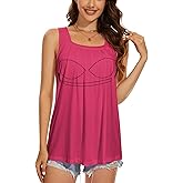 ANYFITTING Tank Top with Built in Bras Women Padded Flowy Loose Camisole Shirt Square Neck Sewn in Medium Support Wide Strap