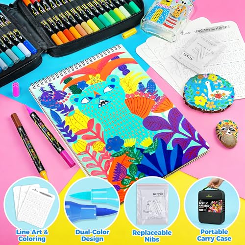 WINSONS 120 Colors Colouring Pens, Acrylic Paint Pens, Dual Brush Tip, Non-Toxic, Waterproof, Drawing Markers with Storage Case, Replaceble Nibs