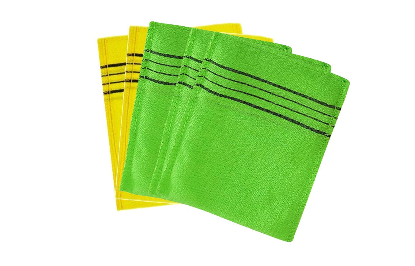 Tistom Korean Exfoliating Bath Washcloth Italy Towel Exfoliating Scrub Bath Mitten 5 Pcs (Green-3 Yellow-2)