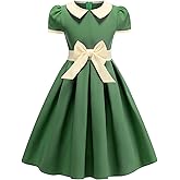 ODIZLI Kids Girls 1950s Retro Vintage Dress Short Puff Sleeve Contrast Panel Swing Party Dresses