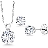 Gem Stone King 14K White Gold White Moissanite Pendant Earrings Jewelry Set For Women | 1.26 Cttw | Gemstone Birthstone | Round 6MM | with 18 Inch Chain