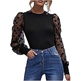 Milumia Women's Polka Dots Mesh Tops Crew Neck Lantern Long Sleeve Tee Shirts