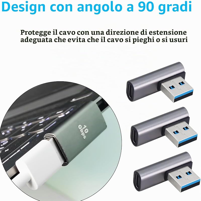 Adattatore USB 3.1 10Gbps 90 Gradi Maschio a Tipo C Femminile - Trasferimento Dati OTG per Tablet Portatile - 3 Pack (Argento)