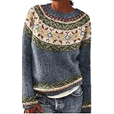 Women's Knitted Fair Isle Print Retro Sweater Casual Loose Crewneck Long Sleeve Lightweight Cropped Pullover Tops 2025