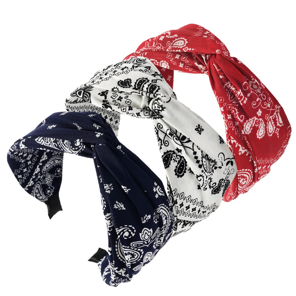 3PCS Headbands for Women's Hair Boho Wrap Tie Fashion Hairbands Elastic Twist Hair Scarf Pretty Bow Tie Hair Bands Wide Alice Hair Bands for Women Uk and Girls (Cashew) — image 1