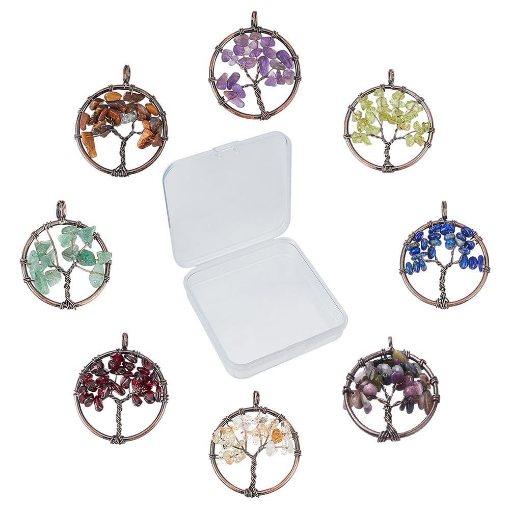 SUNNYCLUE 1 BOX 8Pcs Tree of Life Charms Bulk Colorful Flat Round Hollow Healing Crystal Gemstone Natural Quartz Chakra Pendants Wire Wrapped for Jewelry Making Charms DIY Bracelets Crafts Supplies