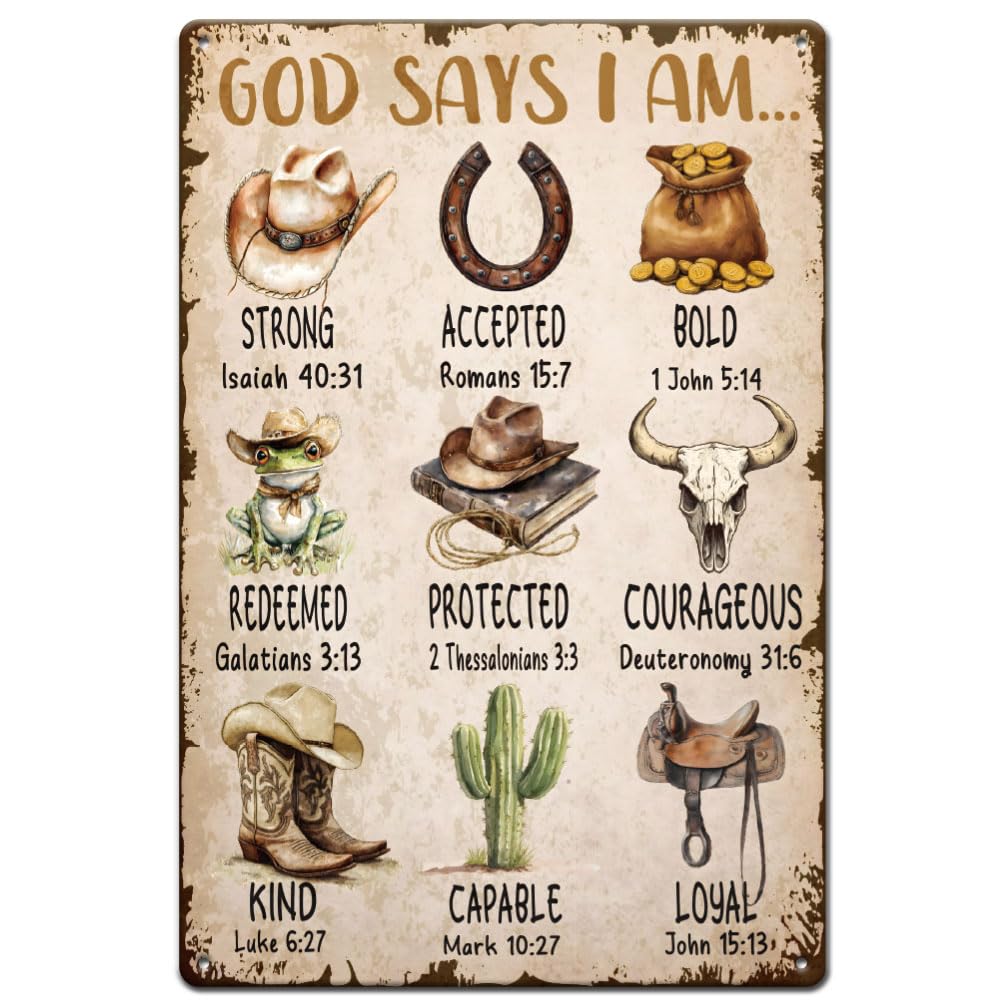 Photo 1 of SUPERDANT Western Cowboy Metal Tin Signs God Says I Am Retro Metal Poster Tin Sign Christian Bible Verses Wild West Vintage Wall Art Decor for Home Living Room Bedroom Wall Decor Plaque