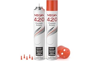 NEON Butane Refill 420ml, 11X Ultra Refined 0 Impurities Butane Fuel, Premium Universal Lighter Fluid with Metal Nozzle and 5 Butane Gas Refill Adapters for Refillable Lighters and Torches, 2 Cans