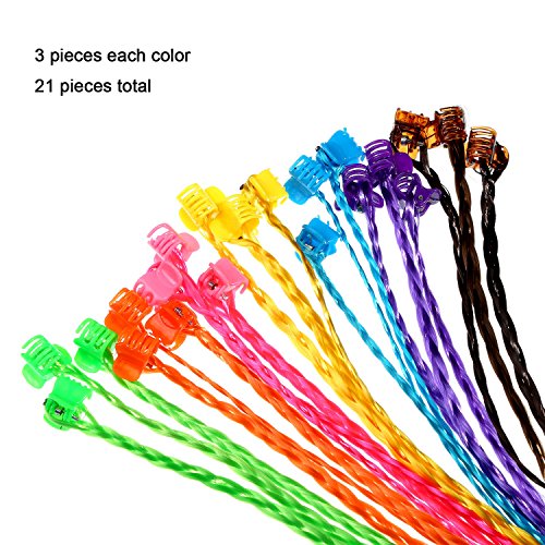 Bememo 21 pieces Nylon Braided Hair Neon Hair Braid Extensions Attachments with Neon Clip Snaps for Birthday Party Favors and Children Performance, 7 Colors