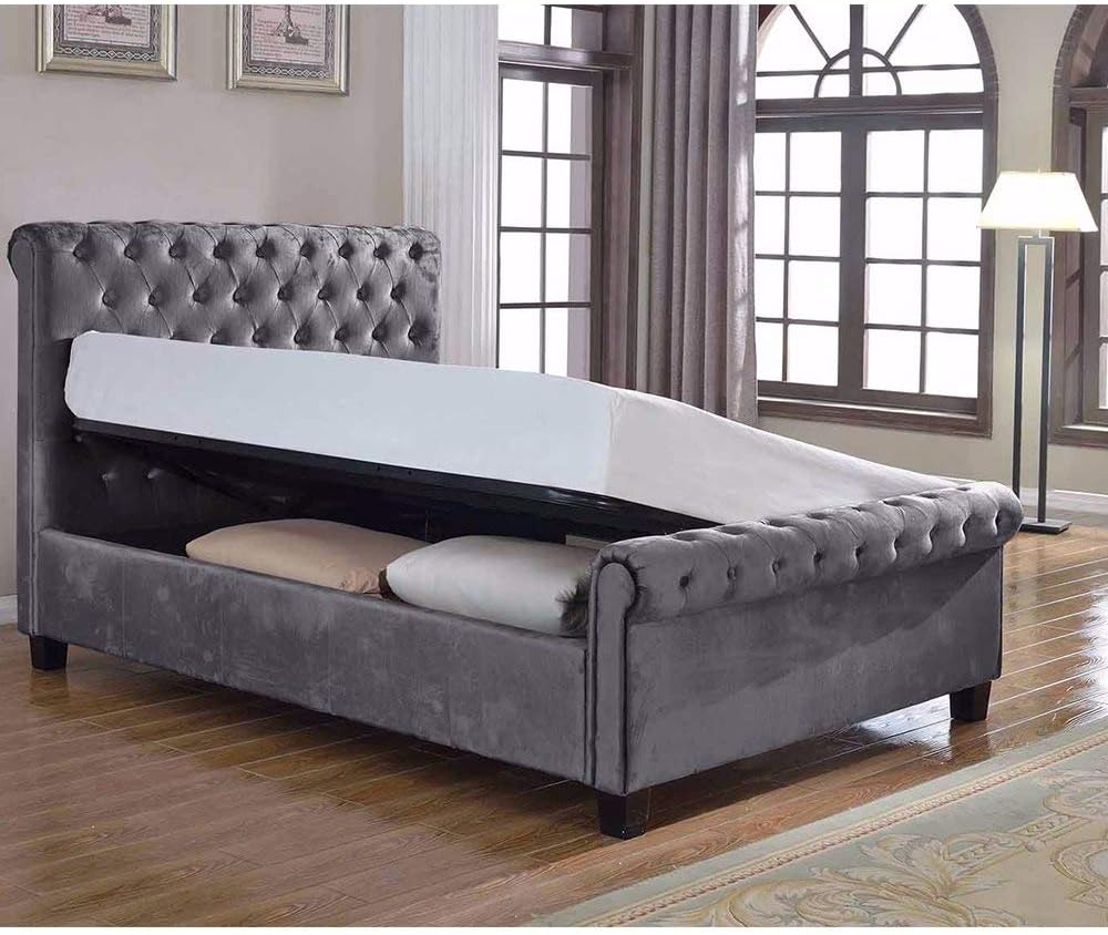 Flair Furnishings LOLA Fabric UPHOLSTERED Sleigh Ottoman Bed Silver