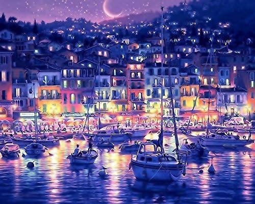 [ New Release ] Diy Oil Painting by Numbers, Paint by Number Kits - Harbor Seaport Bay City Night 16*20 inches - Digital Oil Painting Canvas Wall Art Artwork Landscape Paintings for Home Living Room Office White Christmas New Year Valentine Decor Decorations Gifts - Diy Paint by Numbers Diy Canvas Kit for Adults Advanced Children Seniors Junior - New Arrival