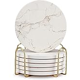 6 Pack White Marble Coaster Set with Holder Absorbent Drink Coasters Ceramic Cute Coaster Bar Dining Coffee Table Accessories Decor Gift Funny Cup Stone Modern Costers Cool Desk Beer Cork Coasters