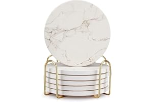 6 Pcs White Marble Coaster Set with Holder Best Absorbent Coasters Drink Coasters Ceramic Bar Coasters Cute Table Coasters Gi