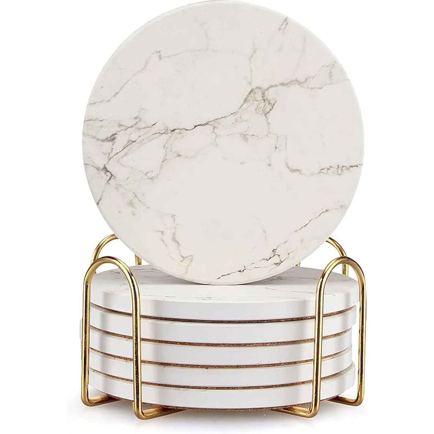 6 Pcs White Marble Coaster Set with Holder - Best Absorbent Drink Stone Coasters for Table and Wine