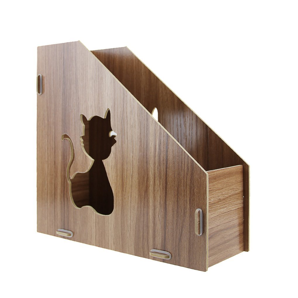 Clobeau Diy Wooden Hollow Cats Creative Desktop File Storage Box Document Books Magazine Holder Sorter Office Home Desk Hanger Tidy Dispay Bin File Folder Dividers Cabinet File Basket Shelf Organizer Office Products