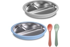 Maccvk Stainless Steel Toddler Plate with Suction, 9” Divided Plates with Removable Silicone Sleeves for Kids, Non Toxic & BPA Free | Non Slip | Unbreakable Baby Snack Dishes Set of 2, Blue & Gray