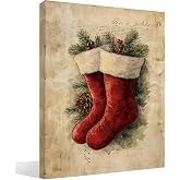 Wheatwin Vintage Christmas Decor, Christmas Framed Canvas Wall Art, Retro Winter Xmas Aesthetic Stocking Pictures for Bathroom, 11x14 Inch