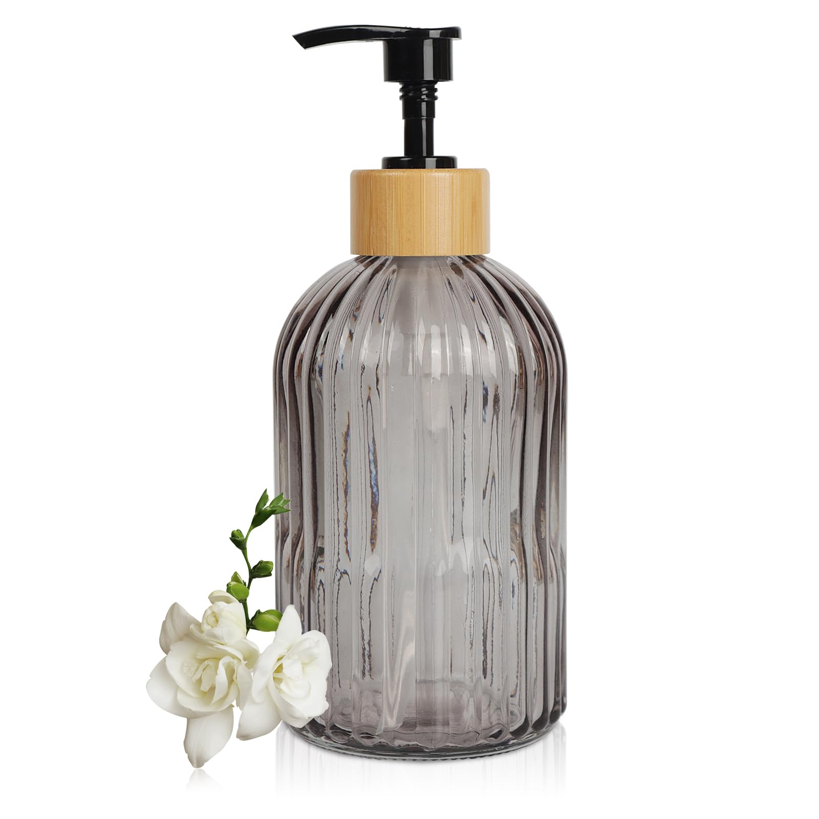 Topsky Glass Soap Dispenser with Black Wooden Hoop Pump 400ml Liquid Hand Soap Dispenser Rustproof Pump for Kitchen & Bathroom Great for Lotions Essential Oil Liquid Soaps (Translucent Black)