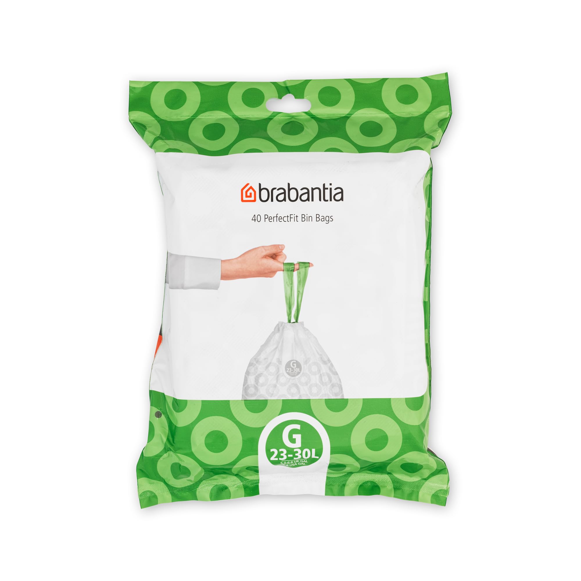 Brabantia PerfectFit Bin Liners (Size G/23-30 Litre) Thick Plastic Trash Bags with Tie Tape Drawstring Handles (40 Bags)