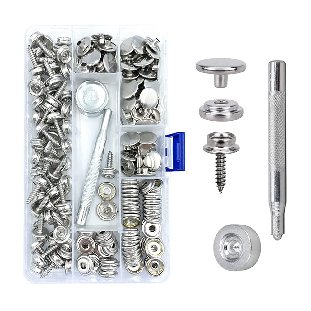 Maerd 152Pcs Canvas Snap Kit with Tool, Stainless Steel Screw Boat Canvas Snaps Fastener Heavy Duty Metal Marine Button 3/8" Socket with Setting Tool for Boat Cover Furniture