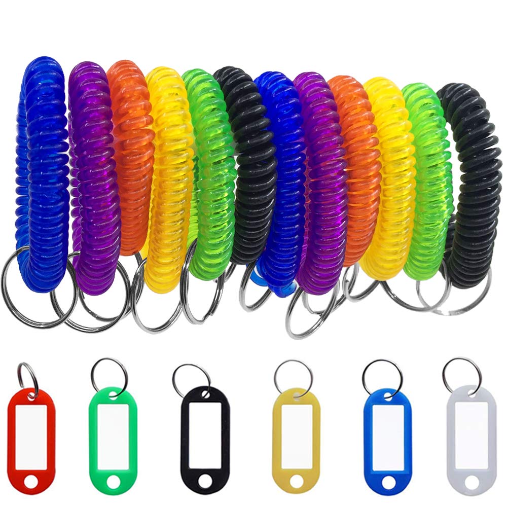 SENHAI 12 pcs Wristband Keychains & 6 pcs Key Tags, Plastic Coil Stretch Elastic Spring Spiral Bracelet Key Ring for Gym Pool ID Badge, Plastic ID Tags with Label Window