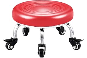 LORVAIN Low Rolling Stool with Wheels, Short Small Stool Chair on Wheels 360 Rotating Roller Seat for Garage Shop Home Office- Little Stool to sit on- Leather Cushion Metal Red