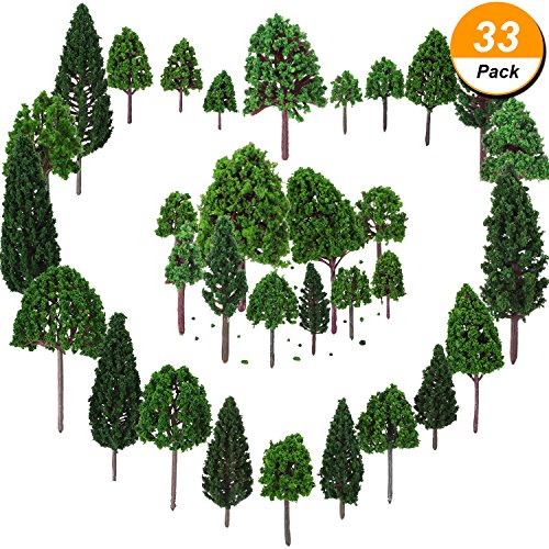 Bememo 33 Pieces Model Trees 1.18 - 6.29 inch/ 3 - 16 cm Mixed Model Tree Train Trees Railroad Scenery Diorama Tree Architecture Trees for DIY Scenery Landscape, Natural Green