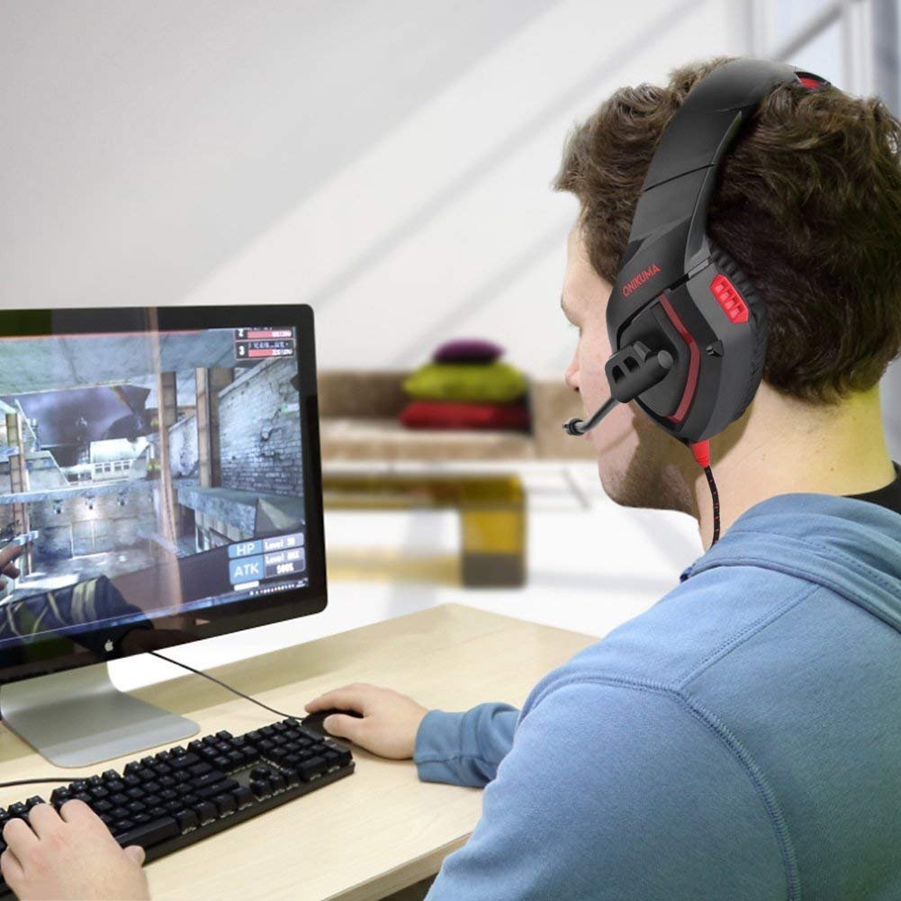 Gaming Headset with Stereo Sound Noise Cancelling Mic Over Ear Headphones for New Xbox One PC Mac OS PS4 Table Phone (K1B-Red)