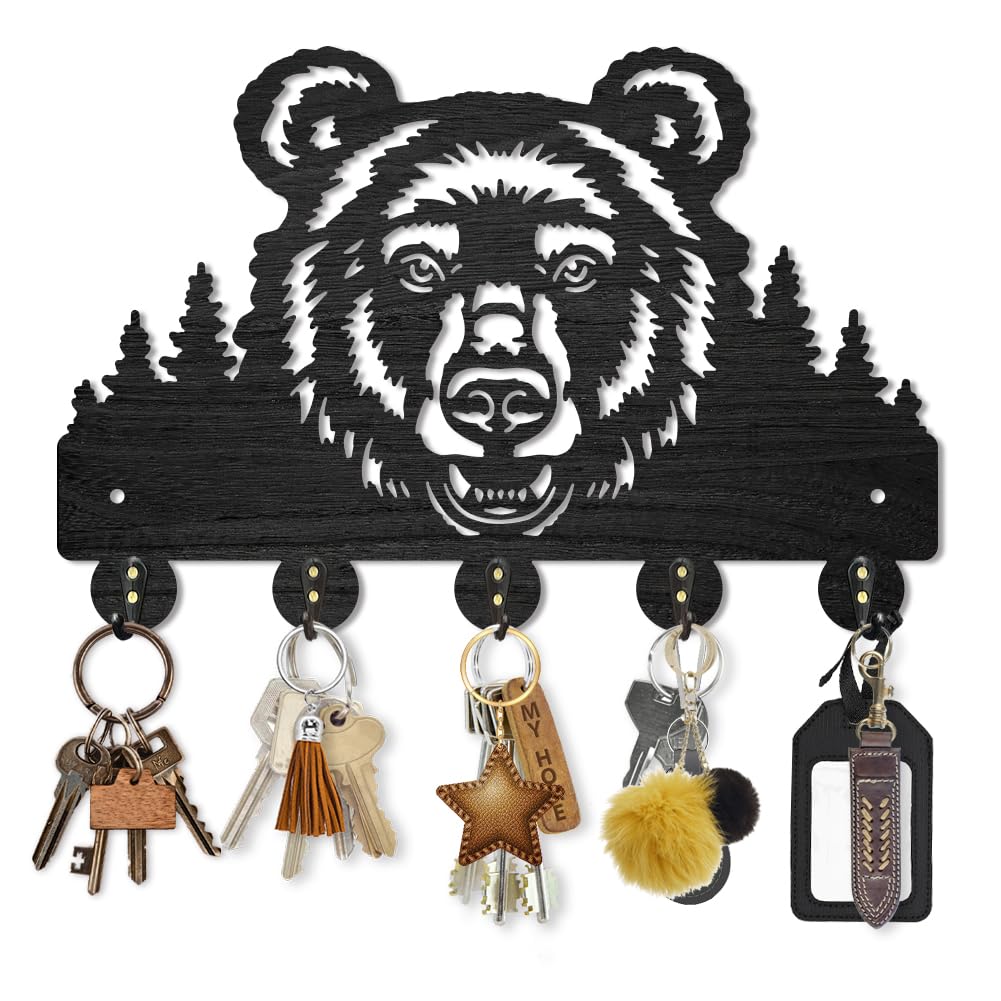 MAYJOYDIY Bear Coat Hooks Wall Mount Forest Animal Tree Wooden Key Holder for Wall 30×20cm Decorative Key Rack with 5 Alloy Hooks for Gift Hallway Entryway Kitchen Decor